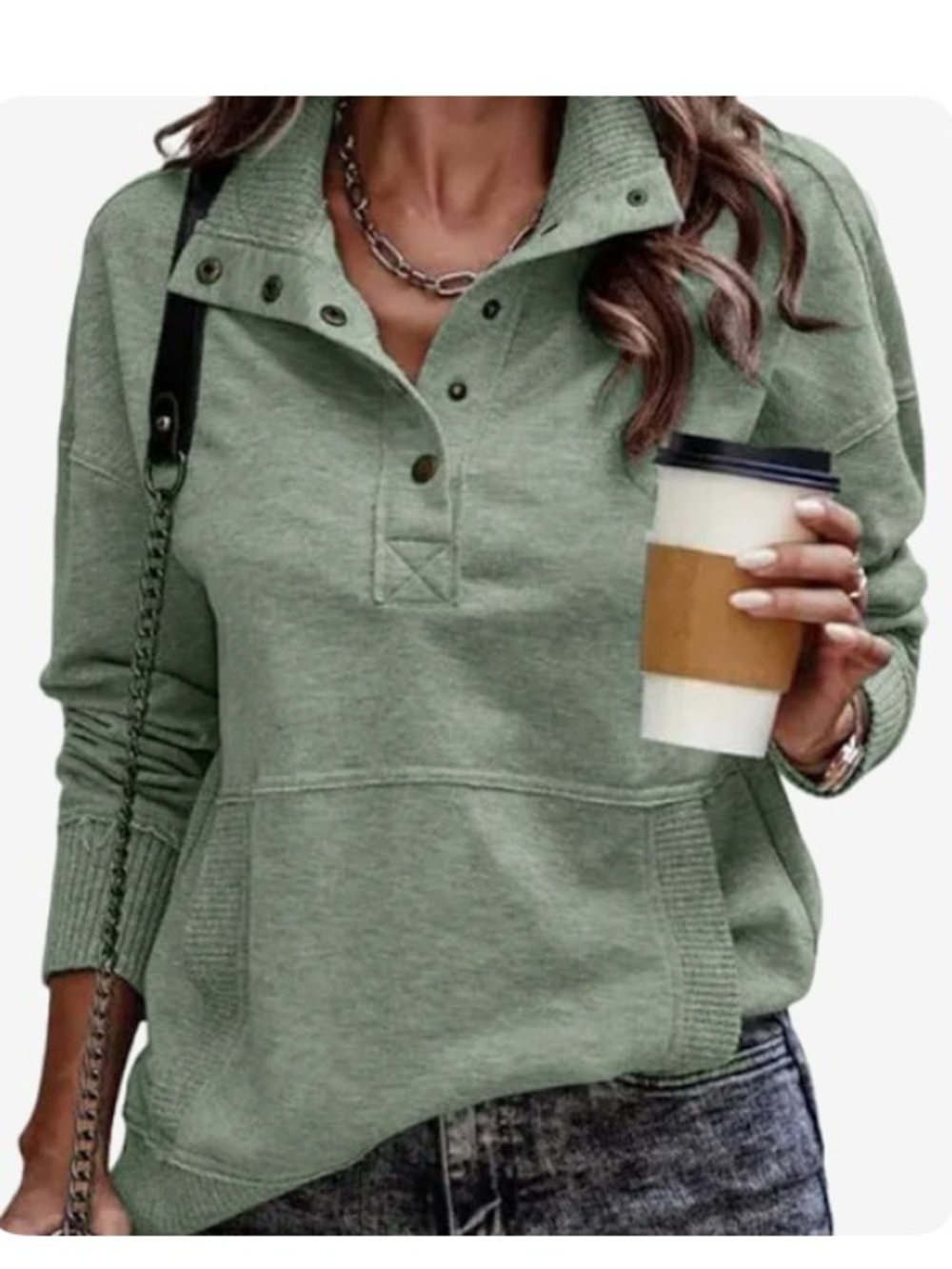 SHEWIN Oversized Snap Button Hoodie Dusty Blue Henley Lounge Pullover  size XL